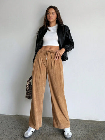 EZwear Casual Solid Color Corduroy Straight Leg Pants EZwear Casual Solid Color Corduroy Straight Leg Pants
