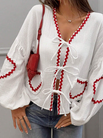 EZwear Casual White Heart Solid Tie-Front Puff Sleeve Blouse EZwear Casual White Heart Solid Tie-Front Puff Sleeve Blouse