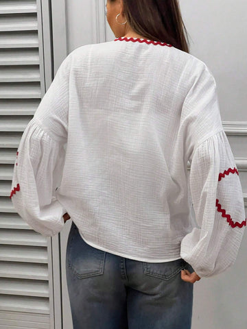 EZwear Casual White Heart Solid Tie-Front Puff Sleeve Blouse EZwear Casual White Heart Solid Tie-Front Puff Sleeve Blouse