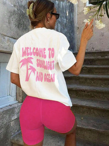 Casual & Simple Slogan Palm Tree Pattern Short Sleeve Loose Fit Women T-Shirt And Shorts Set, Suitable For Summer Casual & Simple Slogan Palm Tree Pattern Short Sleeve Loose Fit Women T-Shirt And Shorts Set, Suitable For Summer
