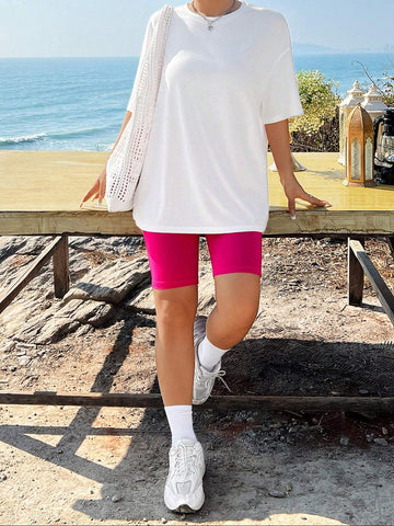 Casual & Simple Slogan Palm Tree Pattern Short Sleeve Loose Fit Women T-Shirt And Shorts Set, Suitable For Summer Casual & Simple Slogan Palm Tree Pattern Short Sleeve Loose Fit Women T-Shirt And Shorts Set, Suitable For Summer