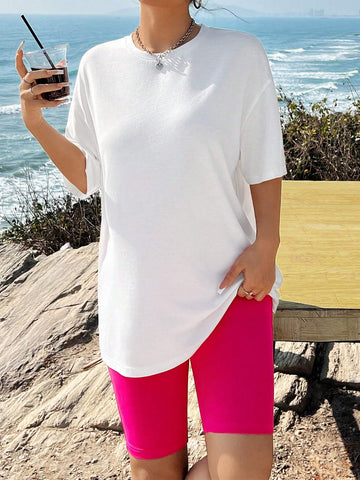 Casual & Simple Slogan Palm Tree Pattern Short Sleeve Loose Fit Women T-Shirt And Shorts Set, Suitable For Summer Casual & Simple Slogan Palm Tree Pattern Short Sleeve Loose Fit Women T-Shirt And Shorts Set, Suitable For Summer