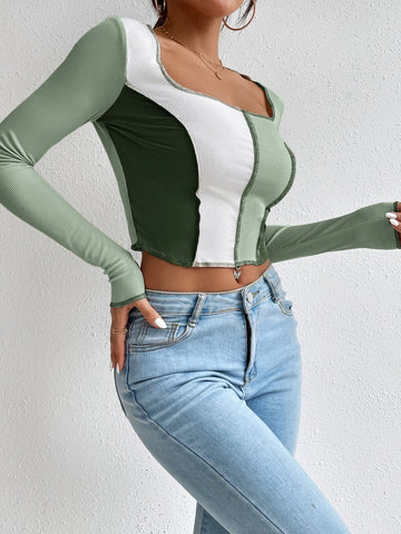 Color Block Top-stitching Square Neck Crop Tee Color Block Top-stitching Square Neck Crop Tee