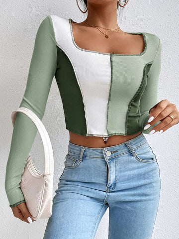 Color Block Top-stitching Square Neck Crop Tee Color Block Top-stitching Square Neck Crop Tee