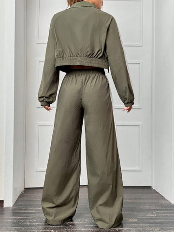 Contrast Side Seam Raglan Sleeve Crop Jacket & Wide Leg Pants Contrast Side Seam Raglan Sleeve Crop Jacket & Wide Leg Pants