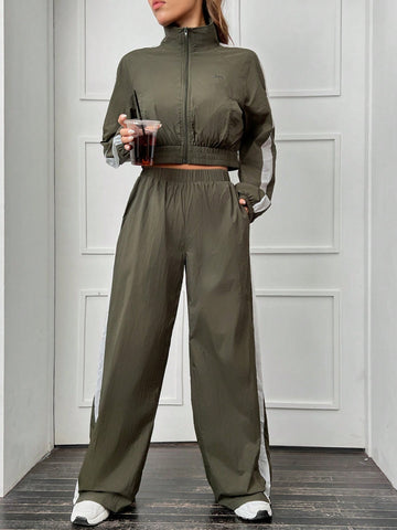Contrast Side Seam Raglan Sleeve Crop Jacket & Wide Leg Pants Contrast Side Seam Raglan Sleeve Crop Jacket & Wide Leg Pants