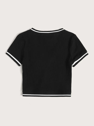 Contrast Striped Tape Rib-knit Crop Tee Contrast Striped Tape Rib-knit Crop Tee