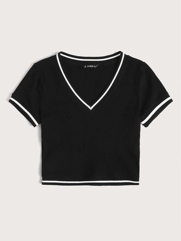 Contrast Striped Tape Rib-knit Crop Tee Contrast Striped Tape Rib-knit Crop Tee