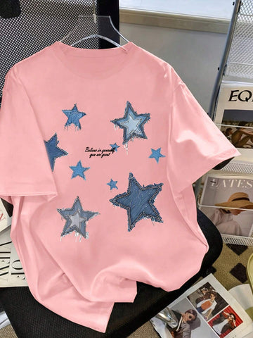 Women Casual T-Shirt, Star And Letter Graphic, Elastic Fit Round Neck Short Sleeve Women Casual T-Shirt, Star And Letter Graphic, Elastic Fit Round Neck Short Sleeve