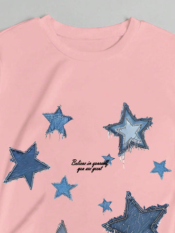 Women Casual T-Shirt, Star And Letter Graphic, Elastic Fit Round Neck Short Sleeve Women Casual T-Shirt, Star And Letter Graphic, Elastic Fit Round Neck Short Sleeve