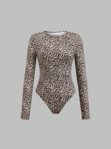 Fashionable Multicolor Leopard Print Bodysuit For Women, Spring Autumn Fashionable Multicolor Leopard Print Bodysuit For Women, Spring Autumn