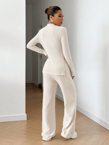 Fleece Ribbed Turtleneck Long Sleeve T-Shirt And Straight Pants Set Fleece Ribbed Turtleneck Long Sleeve T-Shirt And Straight Pants Set