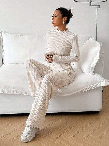 Fleece Ribbed Turtleneck Long Sleeve T-Shirt And Straight Pants Set Fleece Ribbed Turtleneck Long Sleeve T-Shirt And Straight Pants Set