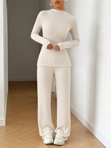 Fleece Ribbed Turtleneck Long Sleeve T-Shirt And Straight Pants Set Fleece Ribbed Turtleneck Long Sleeve T-Shirt And Straight Pants Set