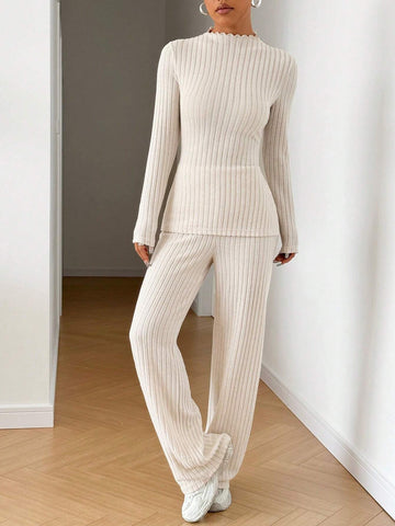 Fleece Ribbed Turtleneck Long Sleeve T-Shirt And Straight Pants Set Fleece Ribbed Turtleneck Long Sleeve T-Shirt And Straight Pants Set