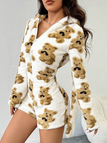 Fluffy Women's Cute Bear Print Hooded Jumpsuit Fluffy Women's Cute Bear Print Hooded Jumpsuit