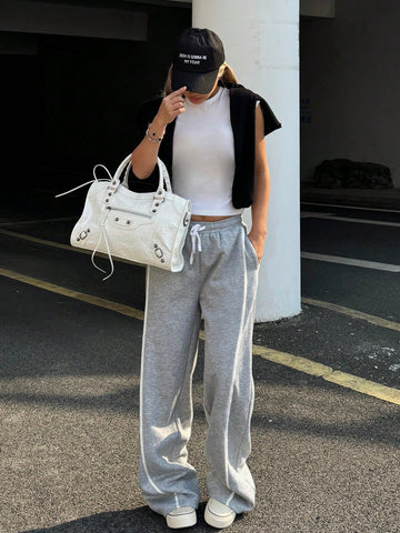 EZwear Grey Knit Wide Leg Pants, Casual & Fashionable For Everyday Wear EZwear Grey Knit Wide Leg Pants, Casual & Fashionable For Everyday Wear