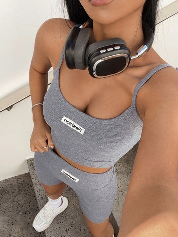 Grey Knitted Women's Alphabet Crop Cami Top & Shorts Set Grey Knitted Women's Alphabet Crop Cami Top & Shorts Set