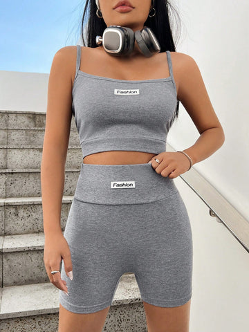 Grey Knitted Women's Alphabet Crop Cami Top & Shorts Set Grey Knitted Women's Alphabet Crop Cami Top & Shorts Set