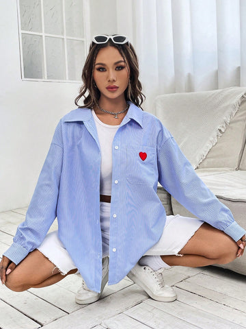 Heart Embroidery Drop Shoulder Striped Shirt Heart Embroidery Drop Shoulder Striped Shirt