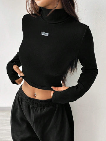 Knitted Women's Slim Fit Long Sleeve T-Shirt With Letter Prints Knitted Women's Slim Fit Long Sleeve T-Shirt With Letter Prints