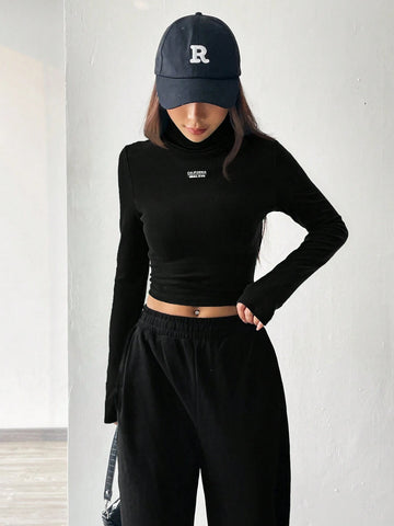 Knitted Women's Slim Fit Long Sleeve T-Shirt With Letter Prints Knitted Women's Slim Fit Long Sleeve T-Shirt With Letter Prints