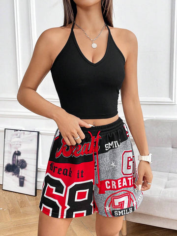 Knitted Women's Solid Color Halter Neck Tank Top And Letter Print Shorts Set Knitted Women's Solid Color Halter Neck Tank Top And Letter Print Shorts Set