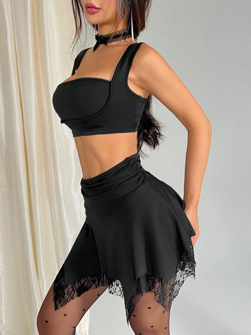 Ladies" Fashionable Solid Color Spaghetti Strap Tank Top And Skirt Set Ladies" Fashionable Solid Color Spaghetti Strap Tank Top And Skirt Set