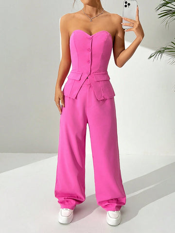 Ladies' Plain Color Simple Strapless Top And Straight Leg Pants Set For Daily Wear Ladies' Plain Color Simple Strapless Top And Straight Leg Pants Set For Daily Wear