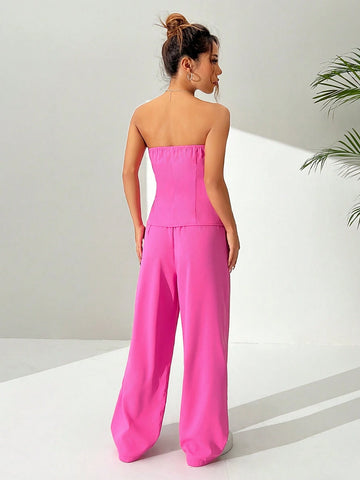 Ladies' Plain Color Simple Strapless Top And Straight Leg Pants Set For Daily Wear Ladies' Plain Color Simple Strapless Top And Straight Leg Pants Set For Daily Wear