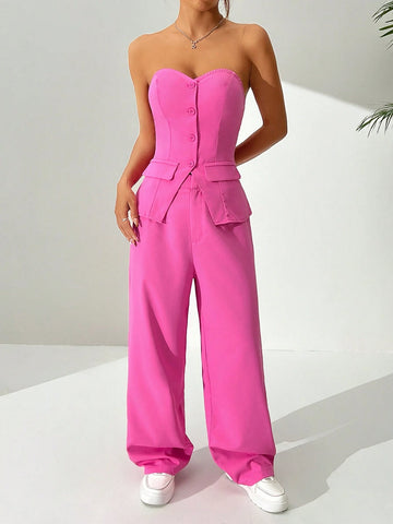 Ladies' Plain Color Simple Strapless Top And Straight Leg Pants Set For Daily Wear Ladies' Plain Color Simple Strapless Top And Straight Leg Pants Set For Daily Wear