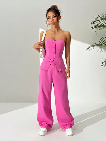 Ladies' Plain Color Simple Strapless Top And Straight Leg Pants Set For Daily Wear Ladies' Plain Color Simple Strapless Top And Straight Leg Pants Set For Daily Wear