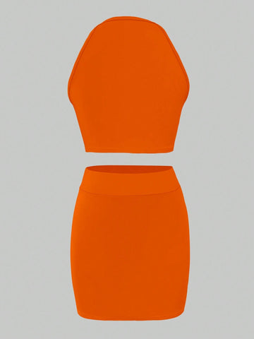 Ladies' Solid Color Simple Style Cold-Shoulder Top And Skirt Set For Daily Wear Ladies' Solid Color Simple Style Cold-Shoulder Top And Skirt Set For Daily Wear