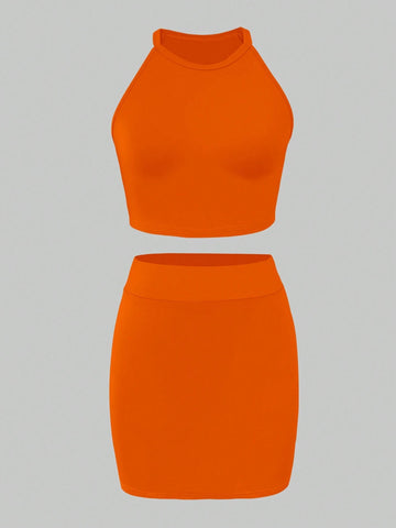 Ladies' Solid Color Simple Style Cold-Shoulder Top And Skirt Set For Daily Wear Ladies' Solid Color Simple Style Cold-Shoulder Top And Skirt Set For Daily Wear