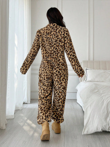 Leopard Print Furry Women's Autumn/Winter Long Sleeve Zipper Front Jumpsuit Leopard Print Furry Women's Autumn/Winter Long Sleeve Zipper Front Jumpsuit
