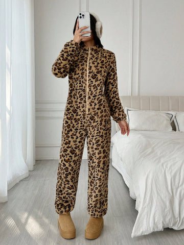 Leopard Print Furry Women's Autumn/Winter Long Sleeve Zipper Front Jumpsuit Leopard Print Furry Women's Autumn/Winter Long Sleeve Zipper Front Jumpsuit