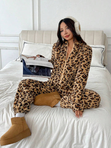 Leopard Print Furry Women's Autumn/Winter Long Sleeve Zipper Front Jumpsuit Leopard Print Furry Women's Autumn/Winter Long Sleeve Zipper Front Jumpsuit