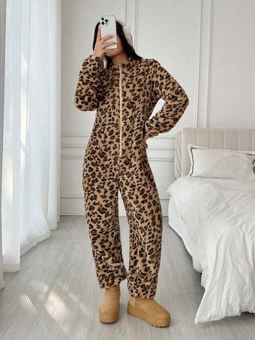 Leopard Print Furry Women's Autumn/Winter Long Sleeve Zipper Front Jumpsuit Leopard Print Furry Women's Autumn/Winter Long Sleeve Zipper Front Jumpsuit