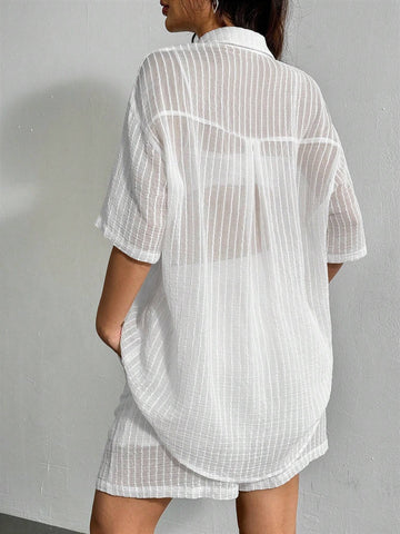 Loose Fit Casual Short-Sleeved Shirt And Shorts Set With Slightly Transparent Stripe Texture Loose Fit Casual Short-Sleeved Shirt And Shorts Set With Slightly Transparent Stripe Texture