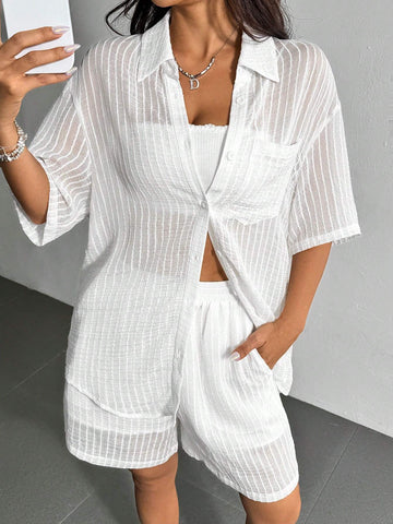 Loose Fit Casual Short-Sleeved Shirt And Shorts Set With Slightly Transparent Stripe Texture Loose Fit Casual Short-Sleeved Shirt And Shorts Set With Slightly Transparent Stripe Texture