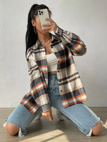 EZwear Plaid Print Drop Shoulder Shirt EZwear Plaid Print Drop Shoulder Shirt