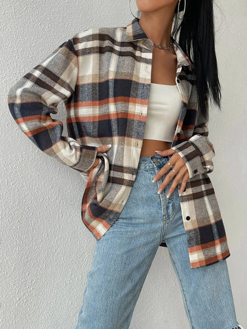 EZwear Plaid Print Drop Shoulder Shirt EZwear Plaid Print Drop Shoulder Shirt