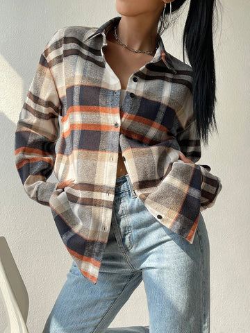 EZwear Plaid Print Drop Shoulder Shirt EZwear Plaid Print Drop Shoulder Shirt