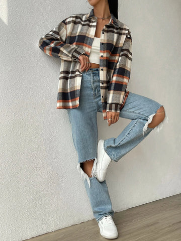 EZwear Plaid Print Drop Shoulder Shirt EZwear Plaid Print Drop Shoulder Shirt