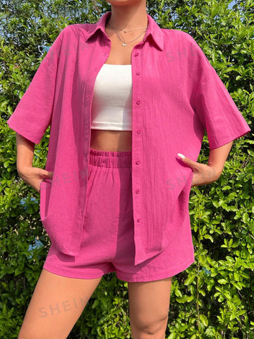 Rosy Knitted Button-Up Shirt And Shorts Set Rosy Knitted Button-Up Shirt And Shorts Set