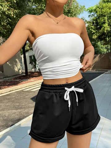 Solid Color Bandeau Top And Shorts Set Solid Color Bandeau Top And Shorts Set