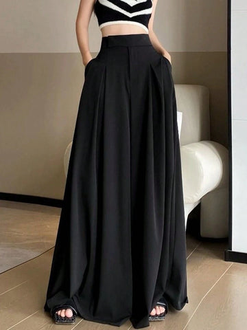 EZwear Solid Fold Pleated Wide Leg Pants EZwear Solid Fold Pleated Wide Leg Pants