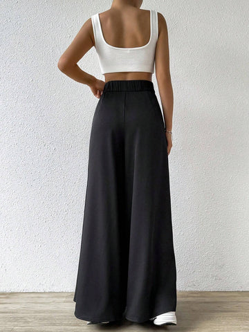 EZwear Solid Fold Pleated Wide Leg Pants EZwear Solid Fold Pleated Wide Leg Pants