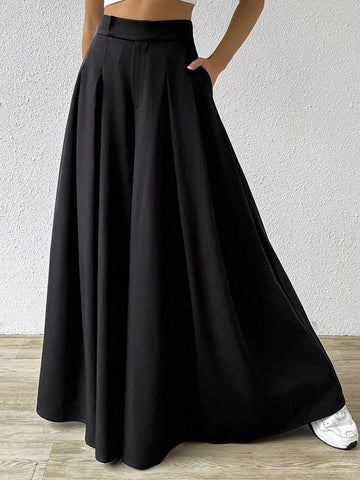EZwear Solid Fold Pleated Wide Leg Pants EZwear Solid Fold Pleated Wide Leg Pants