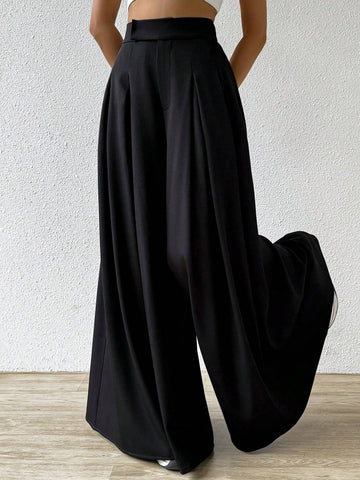 EZwear Solid Fold Pleated Wide Leg Pants EZwear Solid Fold Pleated Wide Leg Pants
